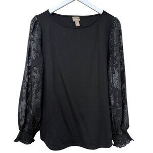 CHICO'S Womens Evening Top Large (Chicos 2) Black Tee Shimmer Sheer Sleeves NWOT